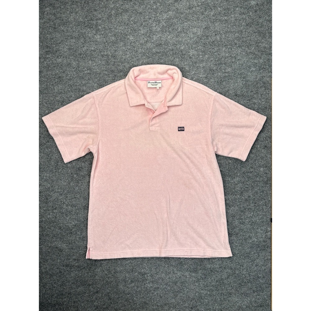 Rowing Blazers Mens Large Pink Terry Cloth Polo Shirt Short Sleeve Cotton Blend